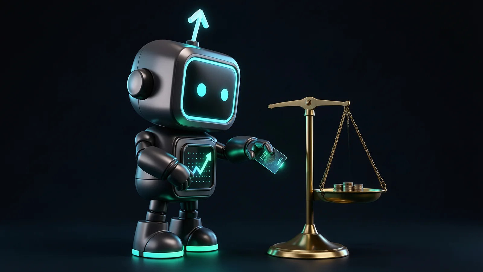 Pip, the FXMacroData robot mascot, lowers a glowing release card onto one pan of a brass balance scale whose other pan holds a small stack of coins, and that side tips down.