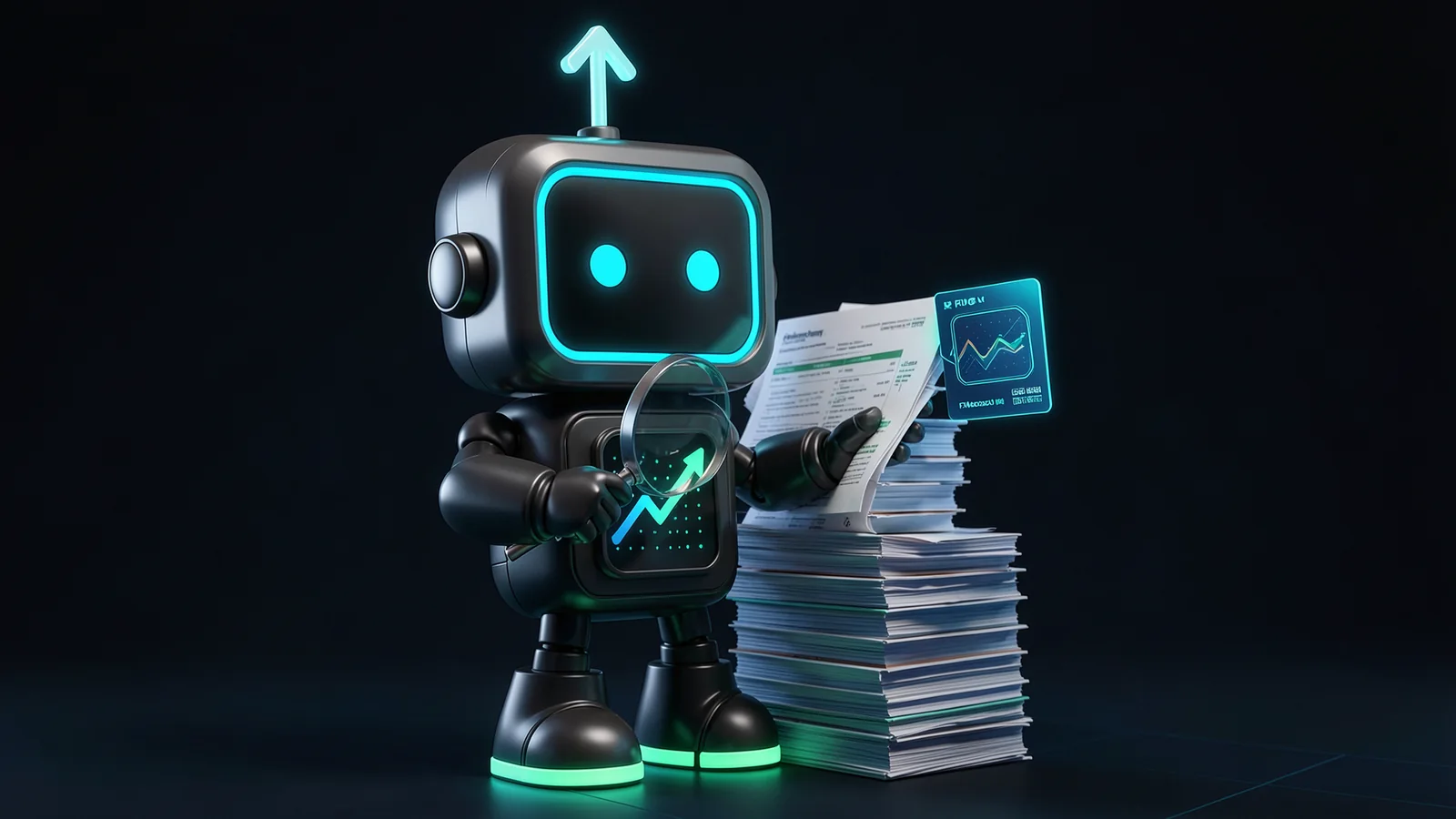 Pip, the FXMacroData robot mascot, inspects a tall stack of company financial-statement folders with a magnifying glass while one glowing macro release card floats beside him.