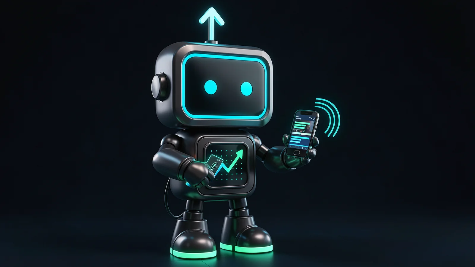 Pip, the FXMacroData robot mascot, slides a glowing data card into a small tray while a compact speaker beside him gives off sound waves next to a phone showing headline bars.