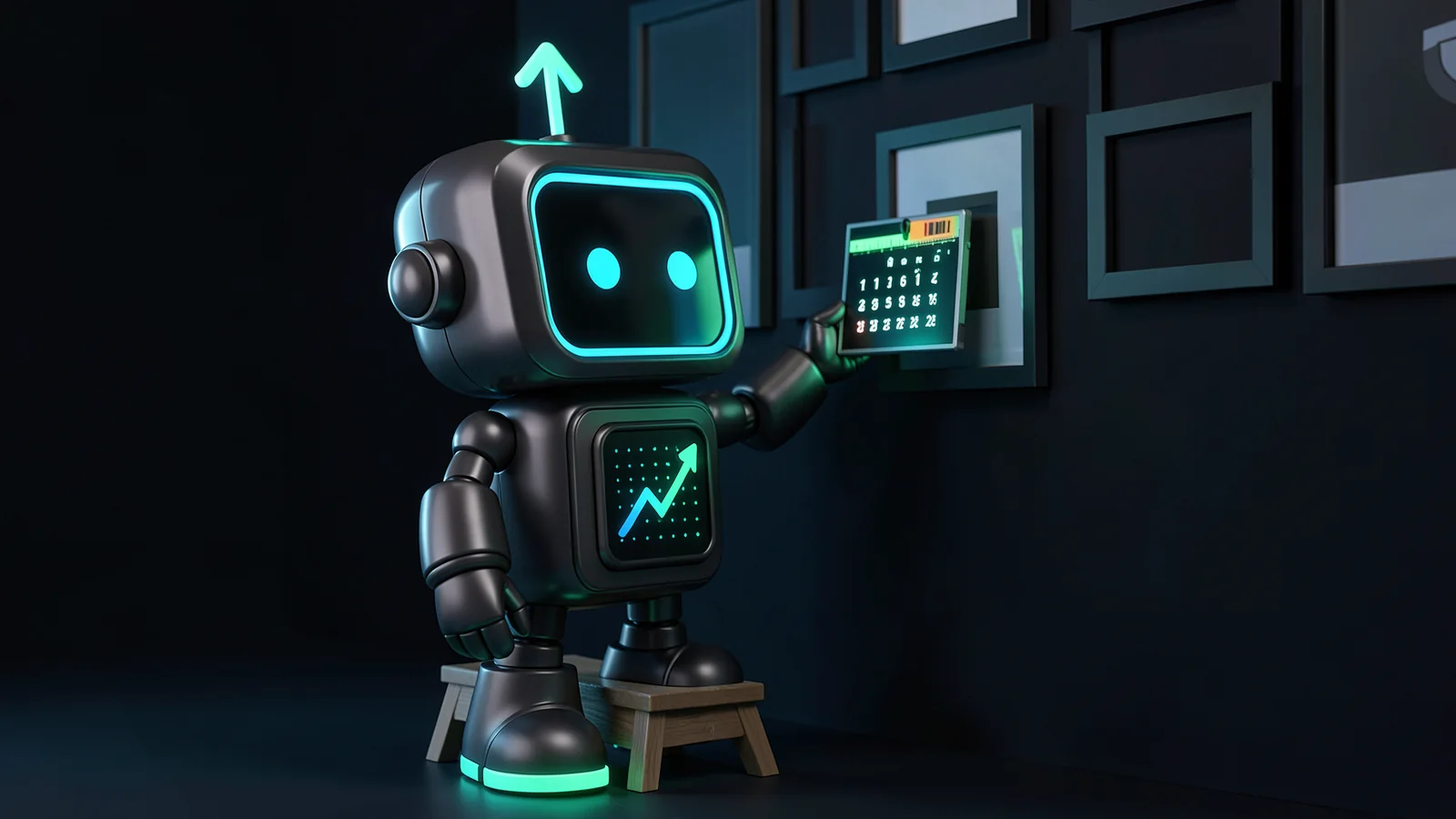 Pip, the FXMacroData robot mascot, stands on a small step stool levelling a small glowing calendar panel with a spirit level as he hangs it on a wall of empty picture frames.