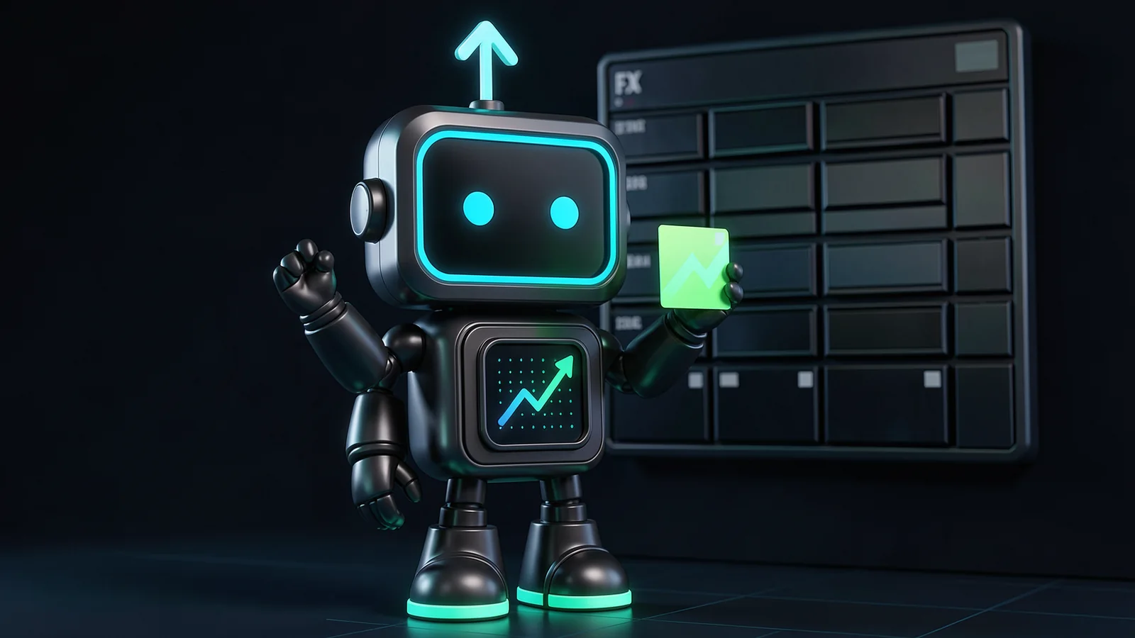 Pip, the FXMacroData robot mascot, stands in front of a dark split-flap departure board of blank flip tiles, holding up a single glowing mint card.