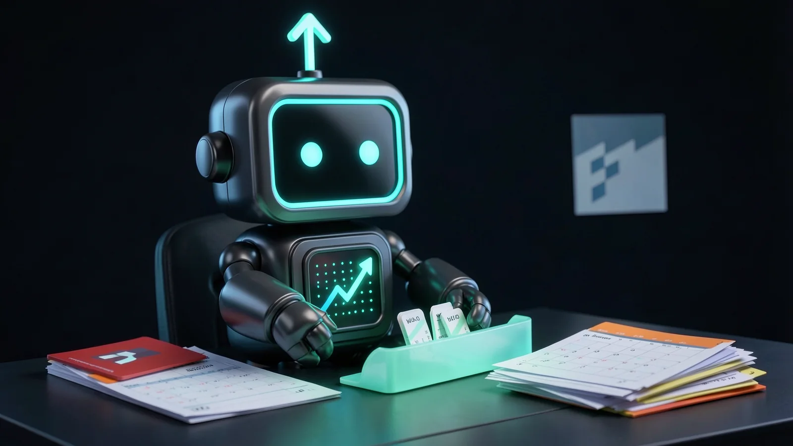 Pip, the FXMacroData robot mascot, sits at a desk filing glowing economic-calendar cards into a glowing outbound tray, beside a messy pile of paper calendar sheets with red, orange and yellow colour tabs.
