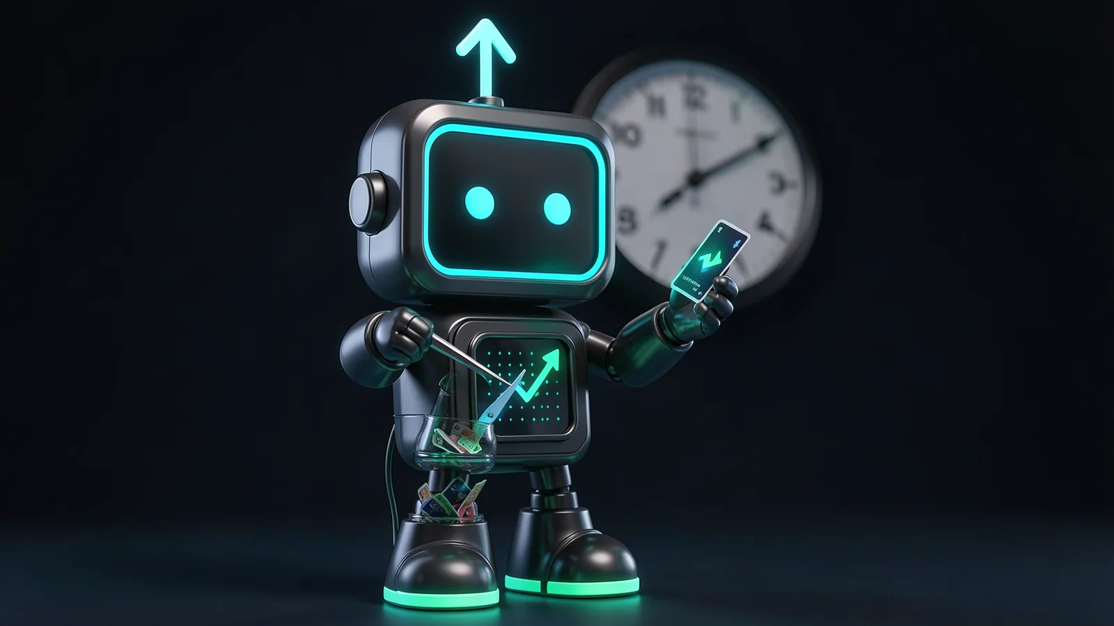 Pip, the FXMacroData robot mascot, uses long tweezers to lift one glowing card out of a glass jar full of mixed rate cards, with a wall clock behind.