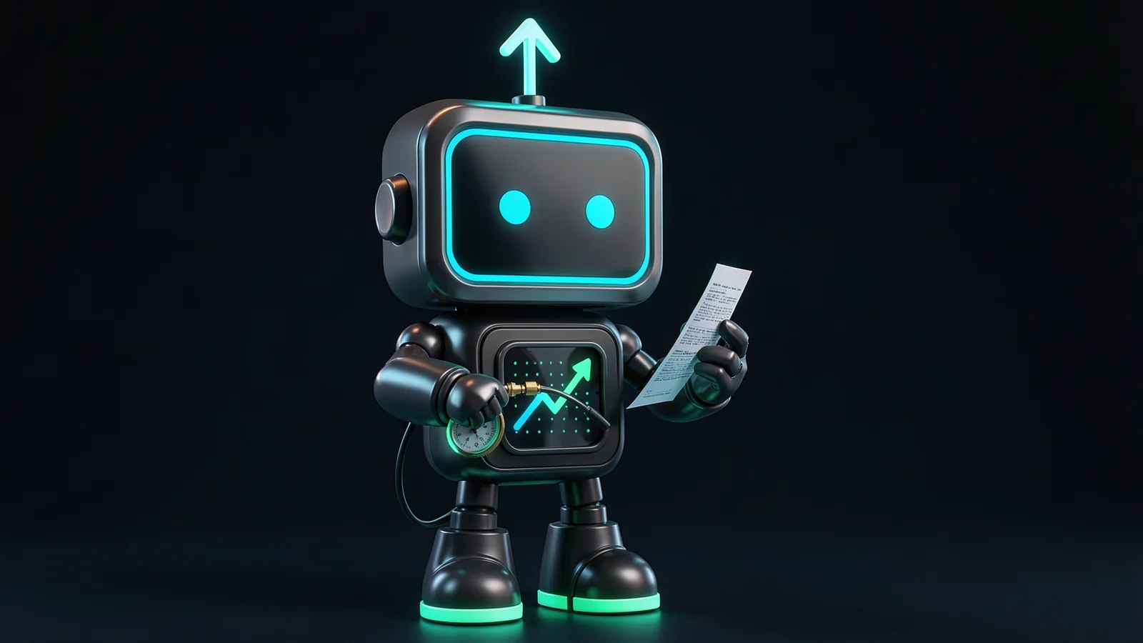 Pip, the FXMacroData robot mascot, tightens a small brass valve on a glowing pipe gauge while reading a printed report slip in his other hand.