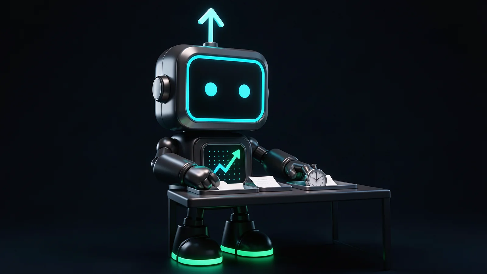Pip, the FXMacroData robot mascot, sorts paper release slips into two trays on a desk with a small desk clock.