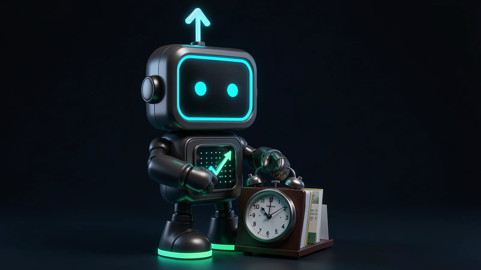 Pip, the FXMacroData robot mascot, sets the hands of a small neon-trimmed desk clock in the evening, a freshly printed card beside it and bound yearbooks behind.