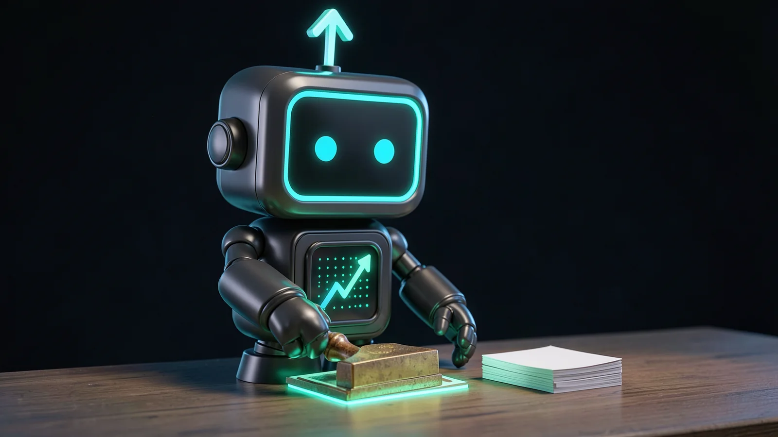 Pip, the FXMacroData robot mascot, presses a large brass rubber stamp onto a glowing card on a workbench, with a short stack of plain unstamped cards beside him.