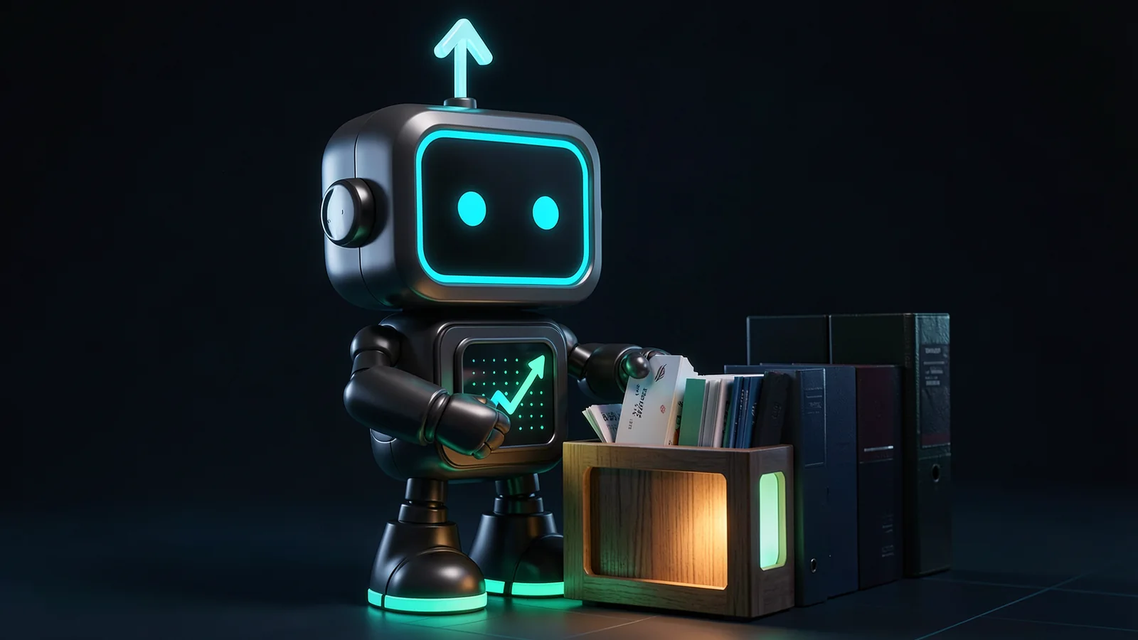 Pip, the FXMacroData robot mascot, sorts small monthly cards into a slotted wooden rack with one brightly lit slot, beside thick official binders.