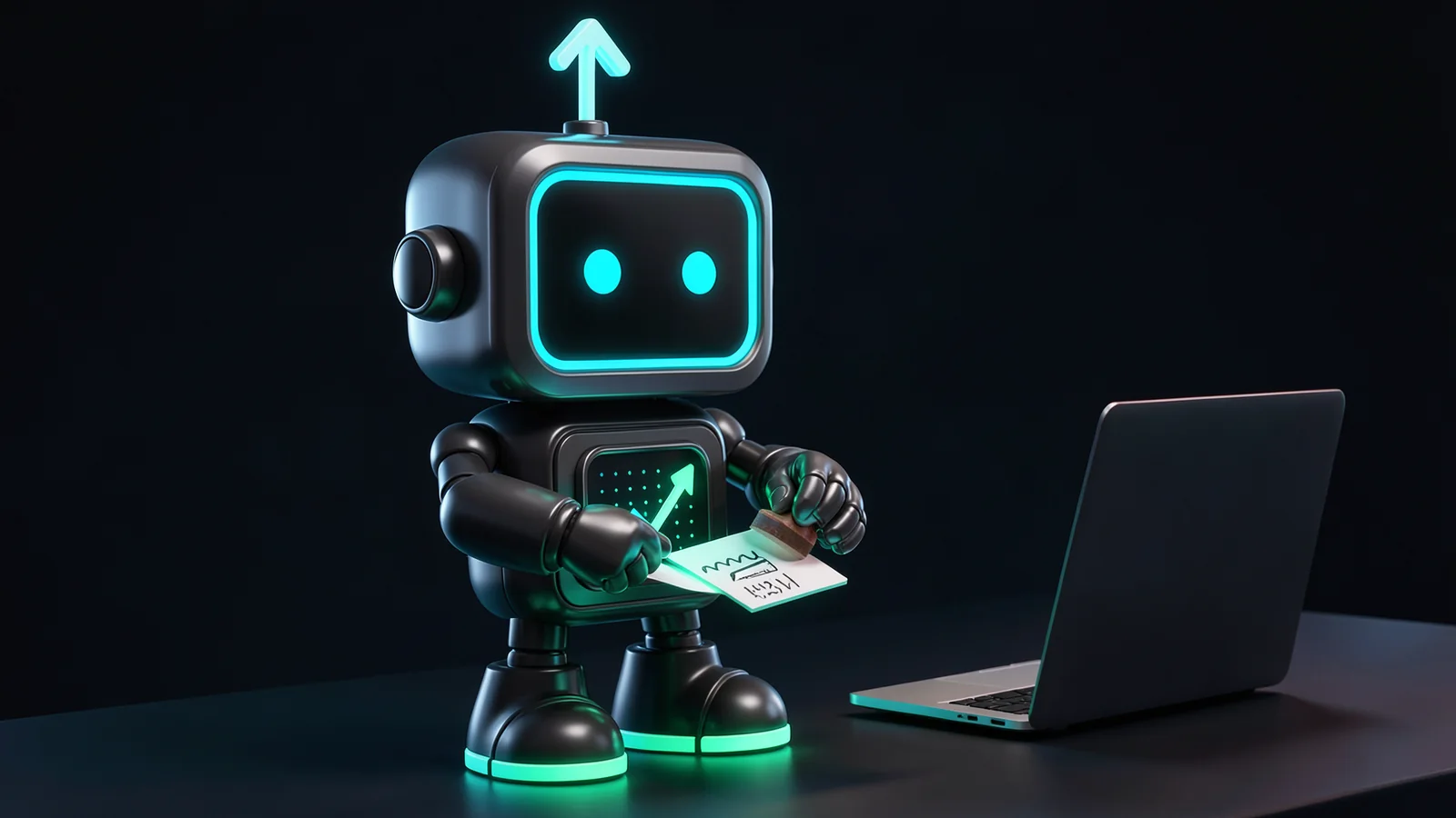 Pip, the FXMacroData robot mascot, presses a rubber stamp onto a small glowing card and feeds an already-stamped card into a glowing slot, next to a closed laptop on the desk.