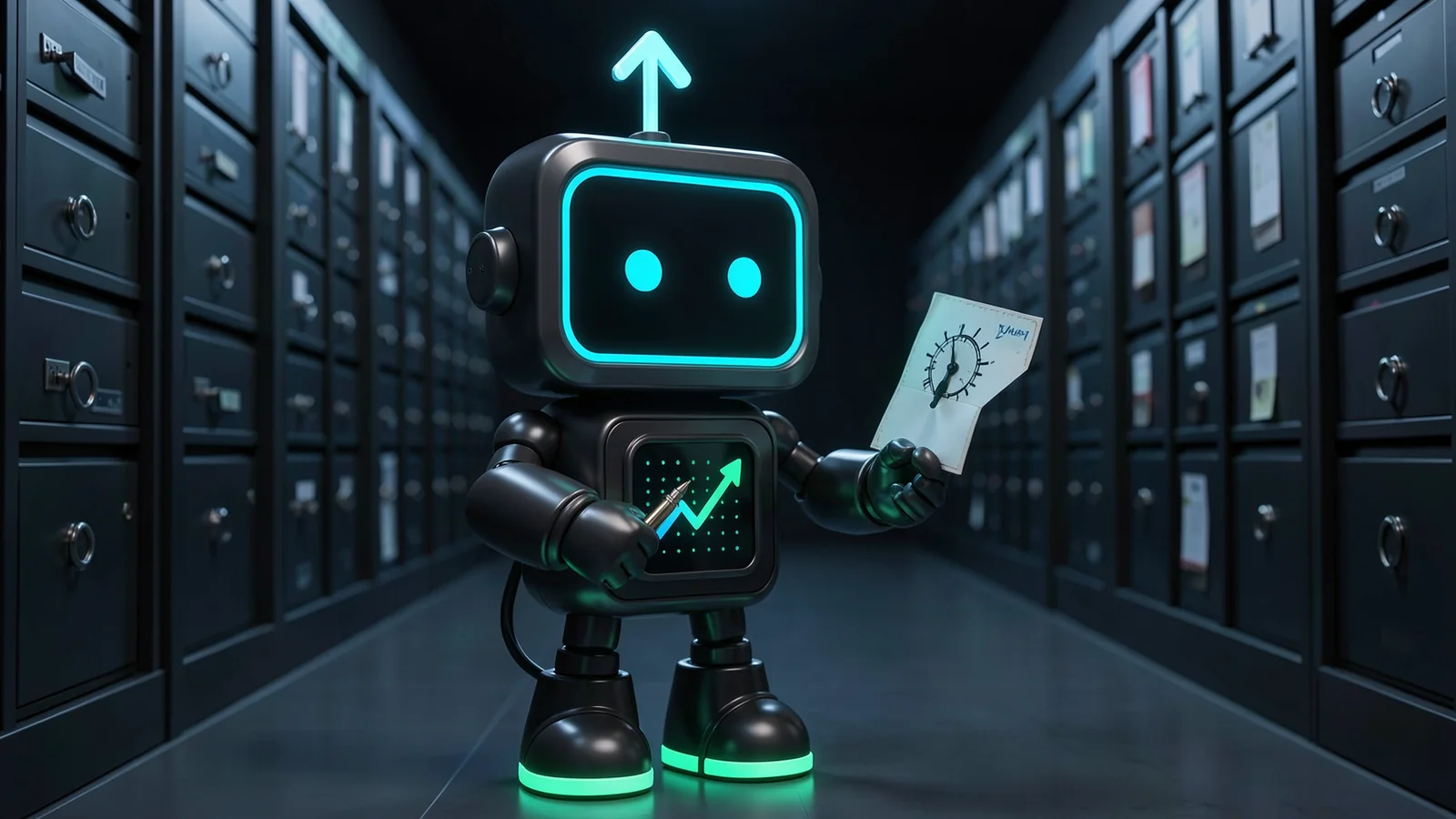Pip, the FXMacroData robot mascot, stands in a dark archive aisle of tall ledger drawers stretching into the distance, stamping a single pulled-out card with a glowing clock stamp.