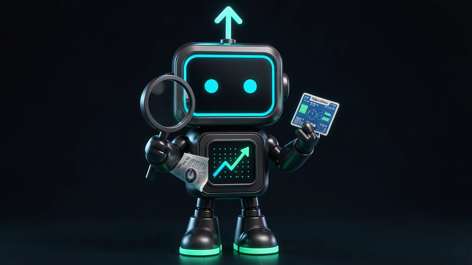 Pip, the FXMacroData robot mascot, holds a magnifying glass over a folded newspaper with a small sentiment dial while lifting one clean glowing data card in the other hand.