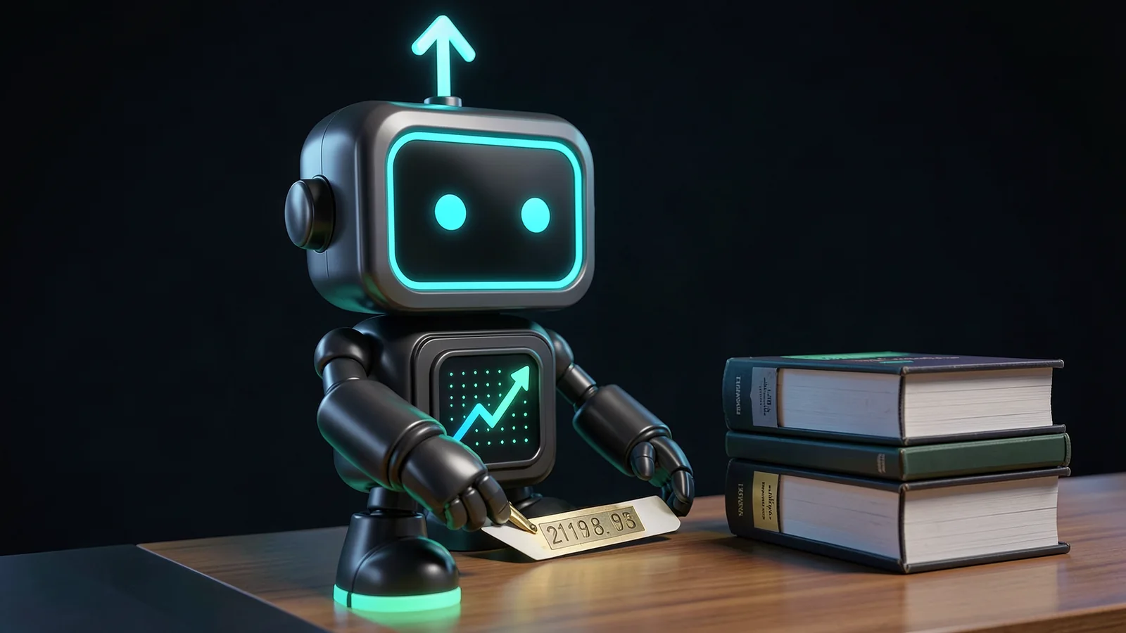 Pip, the FXMacroData robot mascot, presses a brass time-stamp onto a release card at a library reading table beside a tall stack of bound research binders.