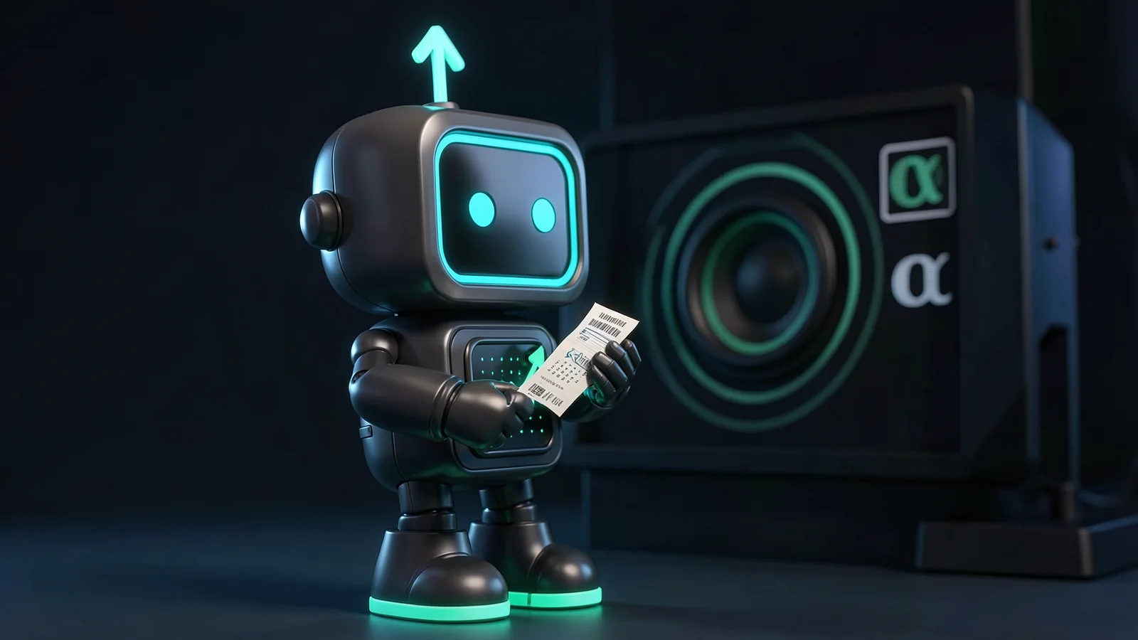 Pip, the FXMacroData robot mascot, tears a freshly printed paper ticket from a small desk receipt printer, turning away from a large studio speaker that emits soft sound-wave rings.