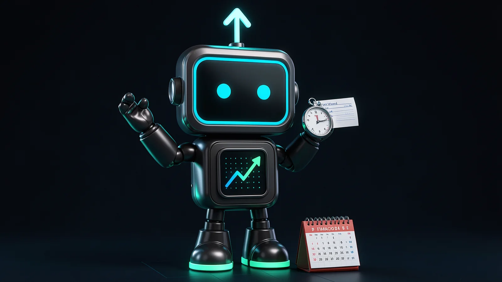 Pip, the FXMacroData robot mascot, holds up a stopwatch over a printed release slip, beside a small desk calendar and a ring binder.