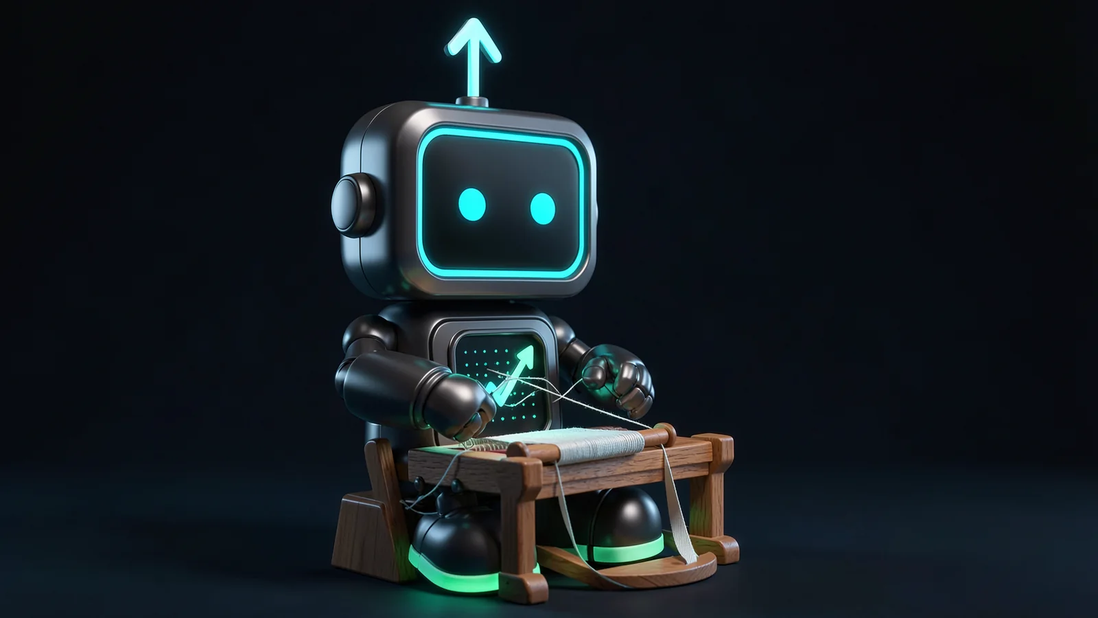 Pip, the FXMacroData robot mascot, sits at a small wooden loom, winding two thin glowing threads into a single ribbon.
