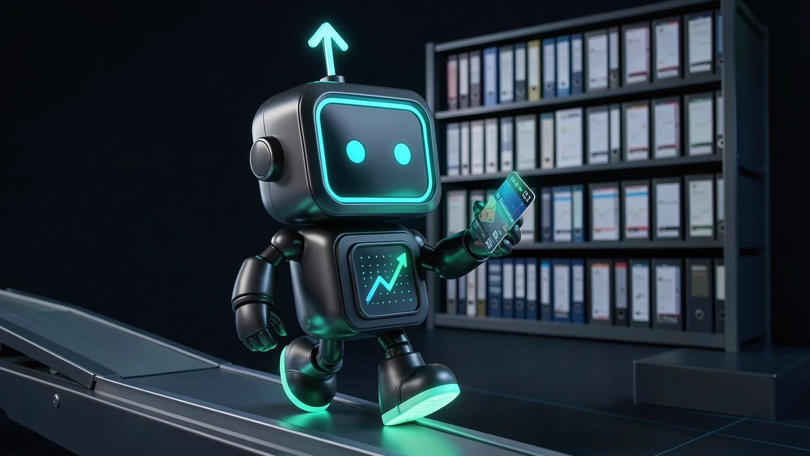 Pip, the FXMacroData robot mascot, pip, mid-stride beside a fast conveyor belt, catches a freshly stamped glowing data card; behind him stands a tall, still bookshelf of bound chart binders.