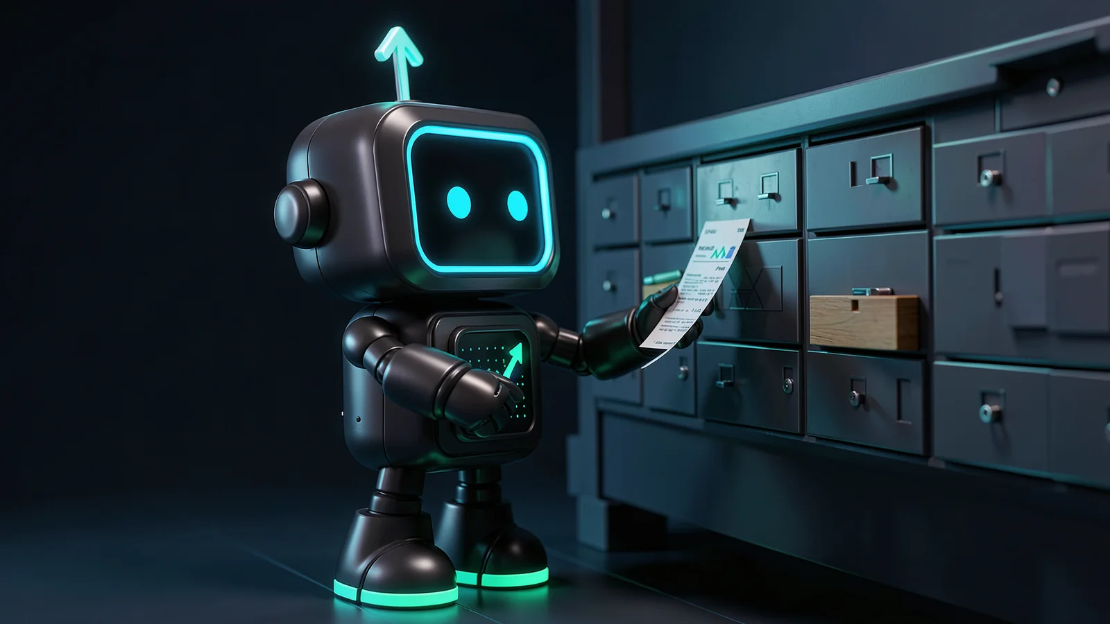 Pip, the FXMacroData robot mascot, files a freshly printed release slip into one of a wall of identical small drawers at a sorting desk, beside a small wooden crate.