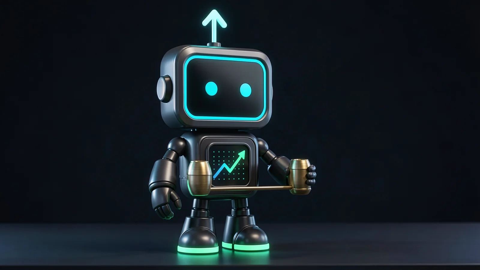Pip, the FXMacroData robot mascot, balances two linked brass weights on a narrow beam, keeping them level, on a dark desk.