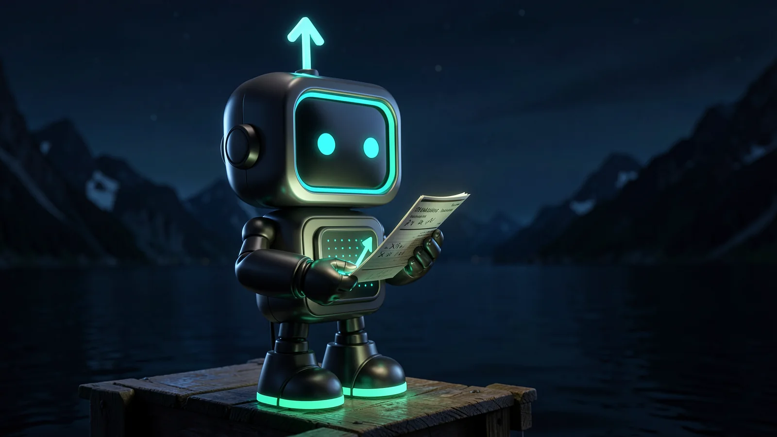 Pip, the FXMacroData robot mascot, stands on a small dock beside a fjord at night, reading a glowing report card under a lantern.
