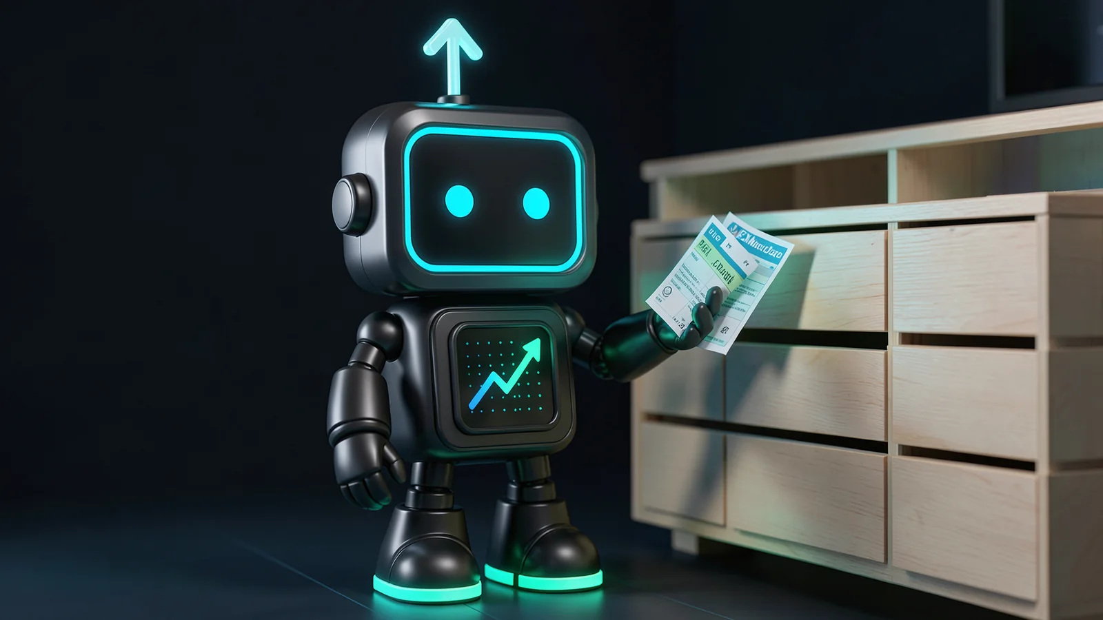 Pip, the FXMacroData robot mascot, lifts a glowing report card out of a neat row of pale wooden filing drawers in a calm Scandinavian-style room.