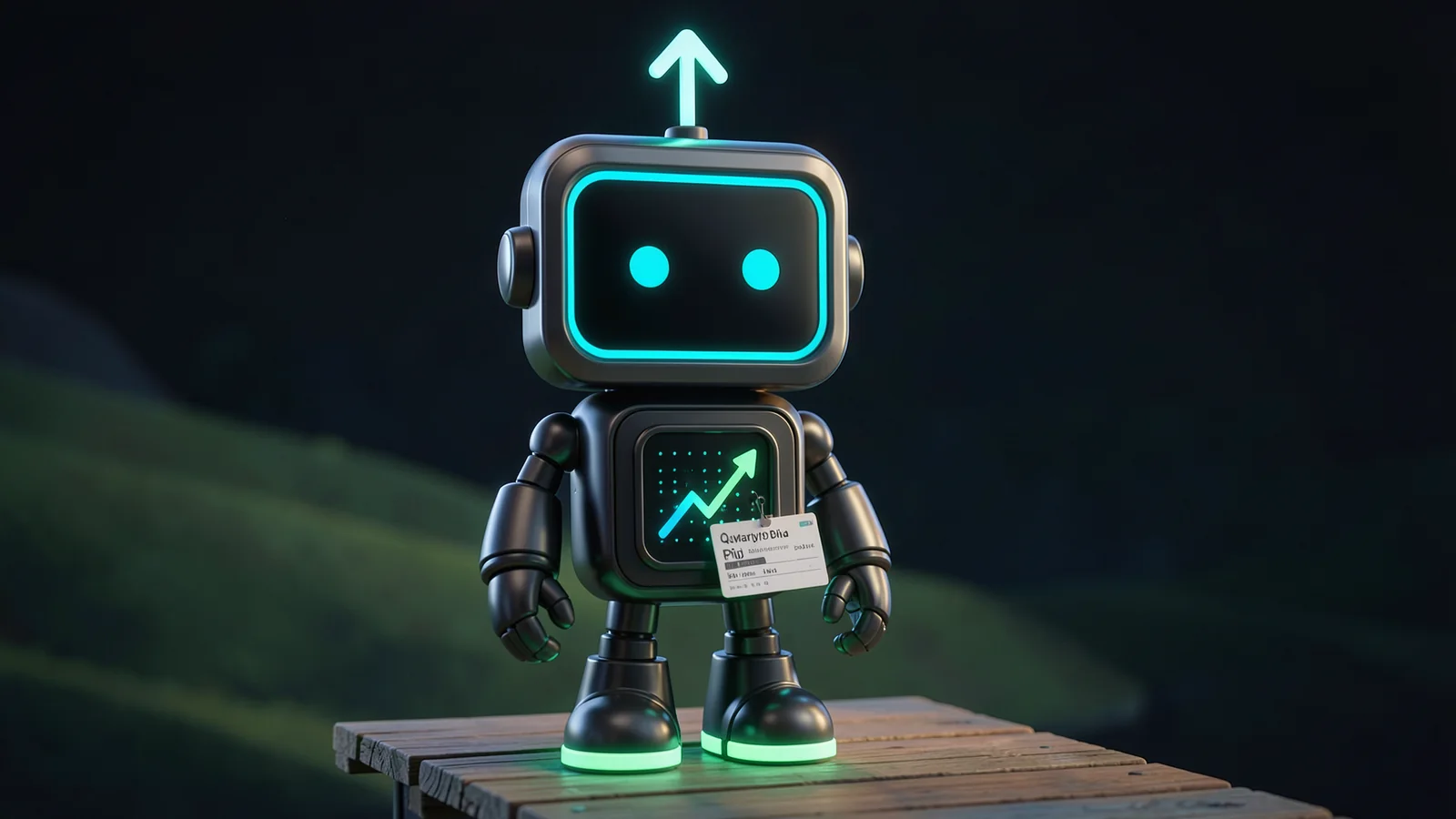 Pip, the FXMacroData robot mascot, carries a single glowing quarterly report card across a small wooden footbridge at dawn, with soft green hills silhouetted behind.