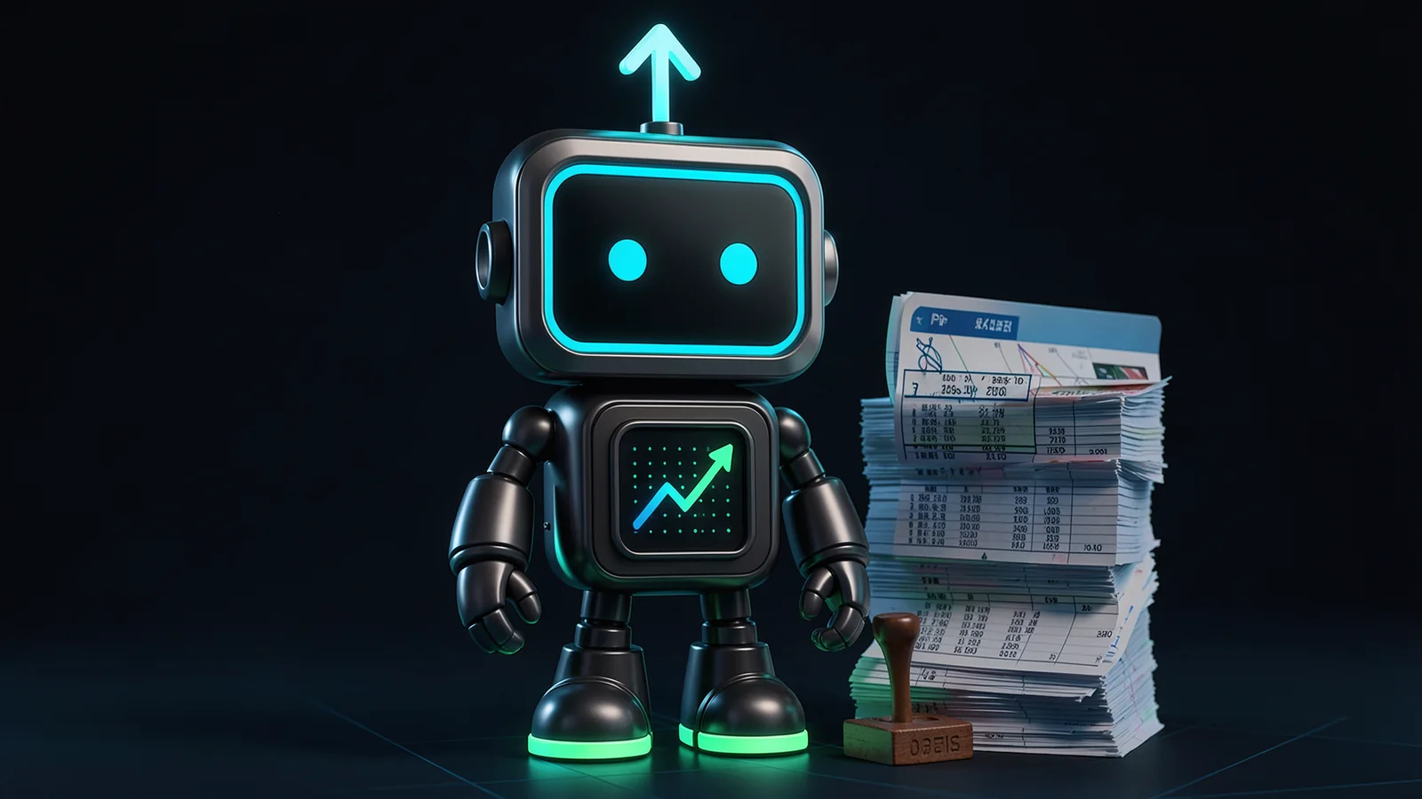Pip, the FXMacroData robot mascot, re-dates a single card with a rubber date stamp beside a tall stack of printed price sheets.