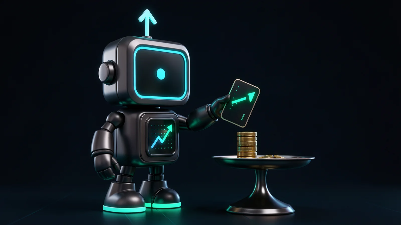 Pip, the FXMacroData robot mascot, sets one more glowing card onto a tall stack on a balance scale whose other pan holds a few small brass tokens.