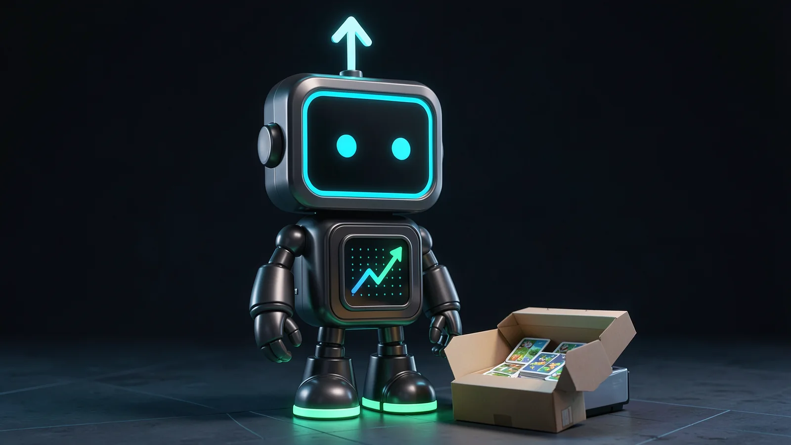 Pip, the FXMacroData robot mascot, weighs two parcels on a shipping scale on a loading dock: a sealed box and an open crate of glowing cards.