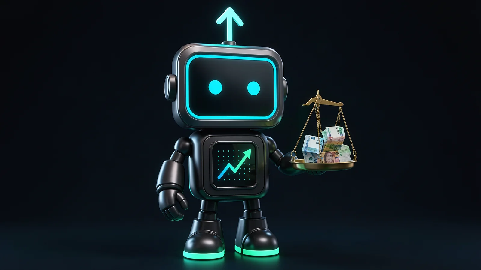 Pip, the FXMacroData robot mascot, balances a brass scale: one pan holds a thin glowing release slip, the other a tall stack of banknotes from many countries.