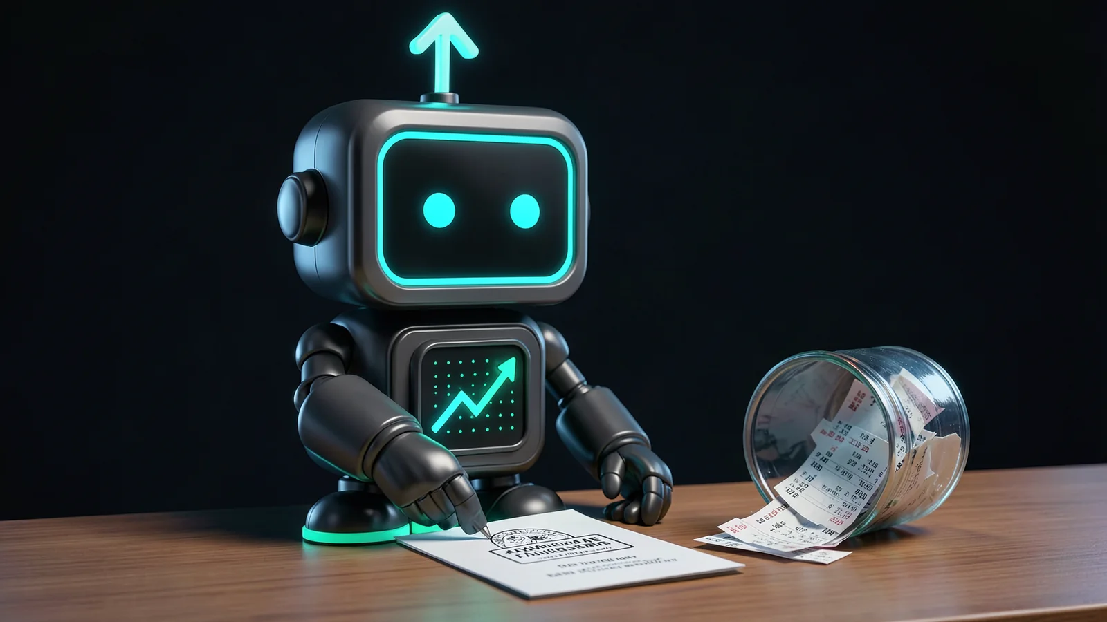 Pip, the FXMacroData robot mascot, presses an official-looking stamp onto a single clean printed slip on a desk, beside a tipped-over glass jar spilling loose, unsorted paper price tickers.