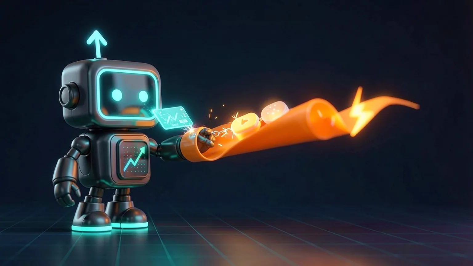 Pip robot with the FXMacroData logo badge on its chest dropping a glowing release card into an orange automation chute that sparks a lightning bolt