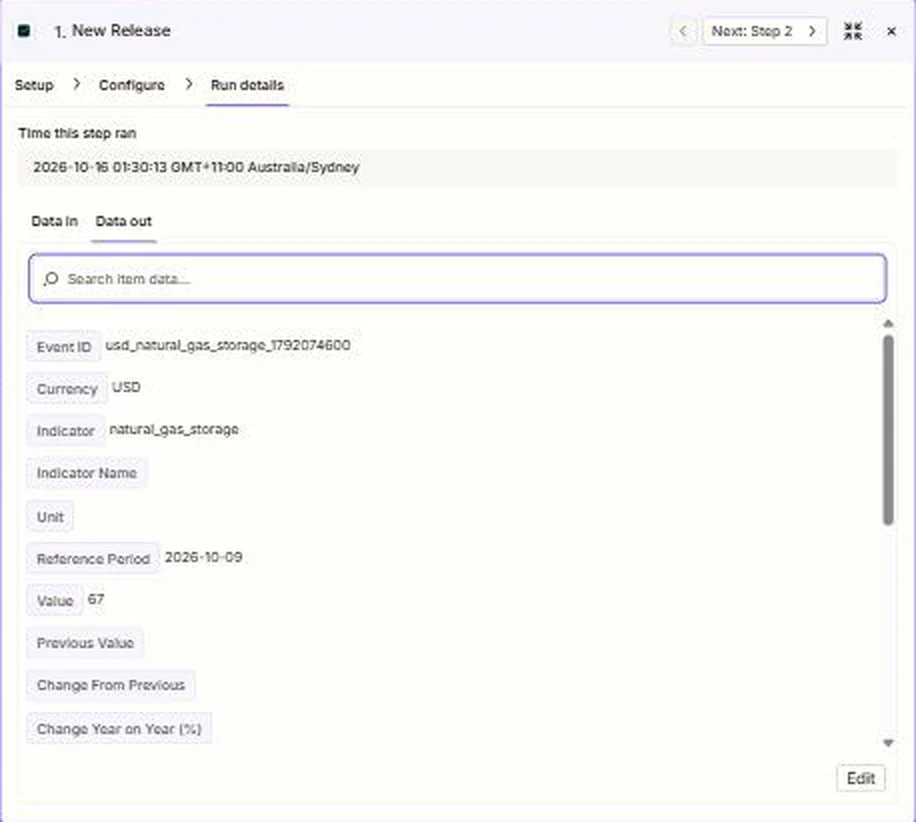 Zapier run details for the FXMacroData New Release instant trigger showing a US natural gas storage release for the week of 9 October 2026 with a value of 67