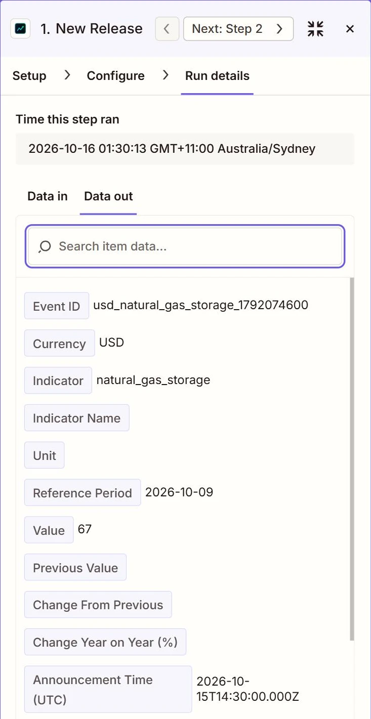 Zapier run details for the FXMacroData New Release instant trigger showing a US natural gas storage release for the week of 9 October 2026 with a value of 67