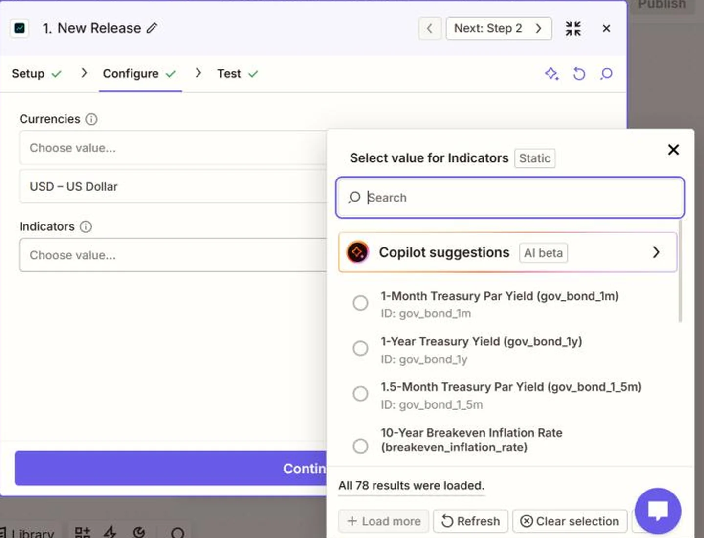 Zapier editor showing the FXMacroData New Release trigger configured for US dollar releases, with the Indicators dropdown listing 78 US series such as Treasury yields and breakeven inflation