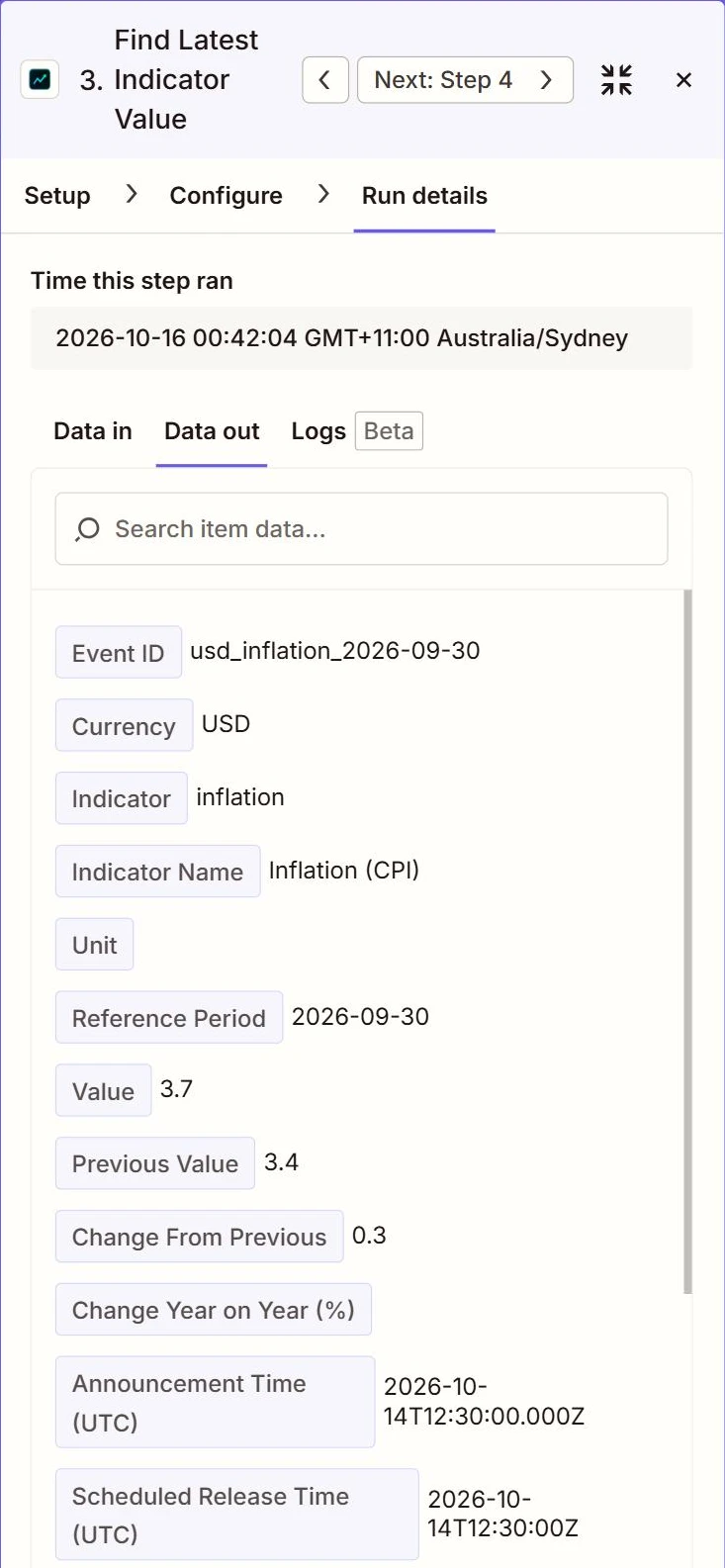 Zapier run details for the FXMacroData Find Latest Indicator Value step returning US CPI for the period ending 30 September 2026 with a value of 3.7 and a previous value of 3.4