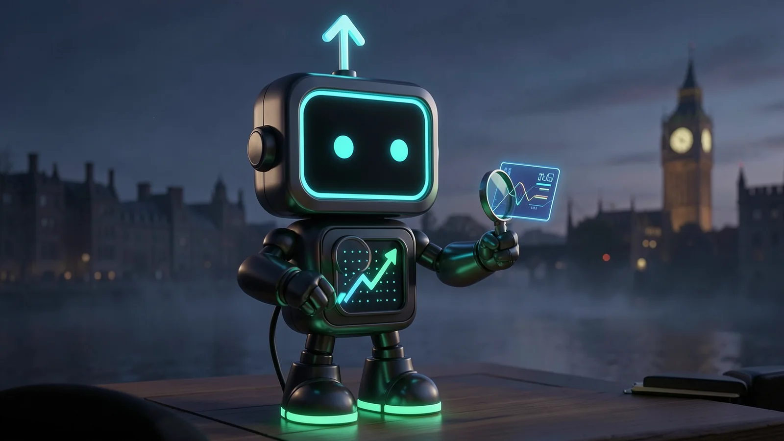 Pip, the FXMacroData robot mascot, holds up a magnifying glass over a glowing data card at a desk, in front of a misty London riverside at dusk with a distant clock tower silhouette.