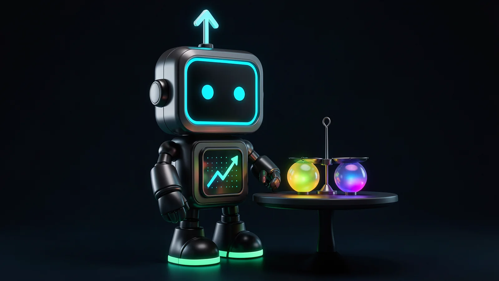 Pip, the FXMacroData robot mascot, referees three glowing reasoning orbs of different colours on a dark round table, weighing them on a small balance.