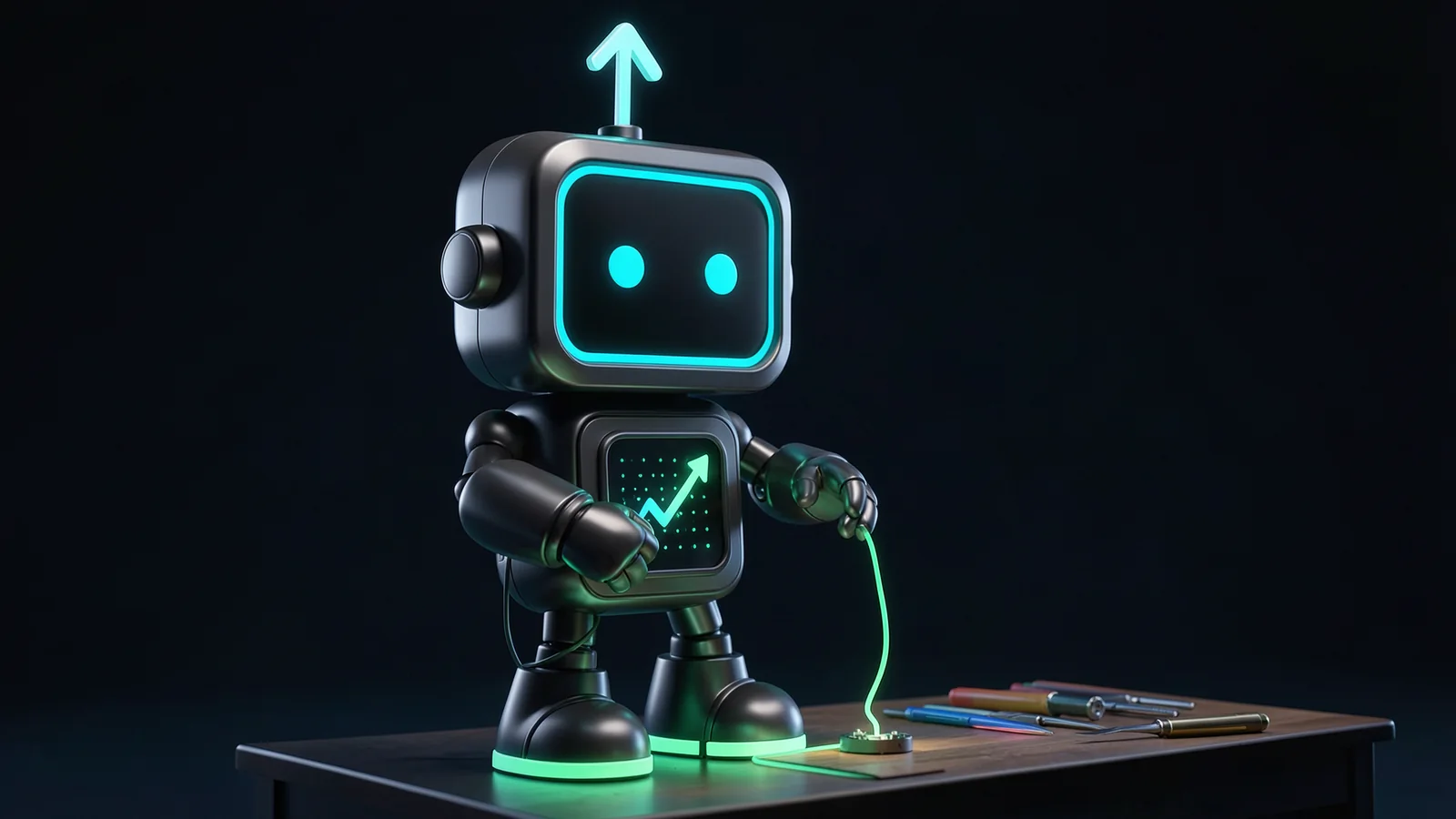 Pip, the FXMacroData robot mascot, assembles a small glowing connector device on a workbench with tidy tools laid out, a data stream flowing into it.