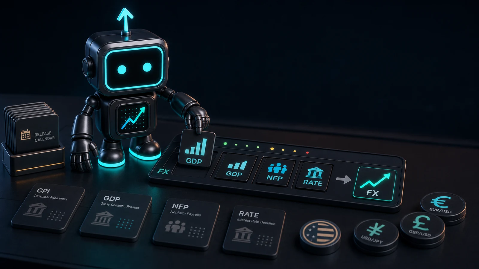 FXMacroData robot assembling official macro data tiles into an FX scorecard