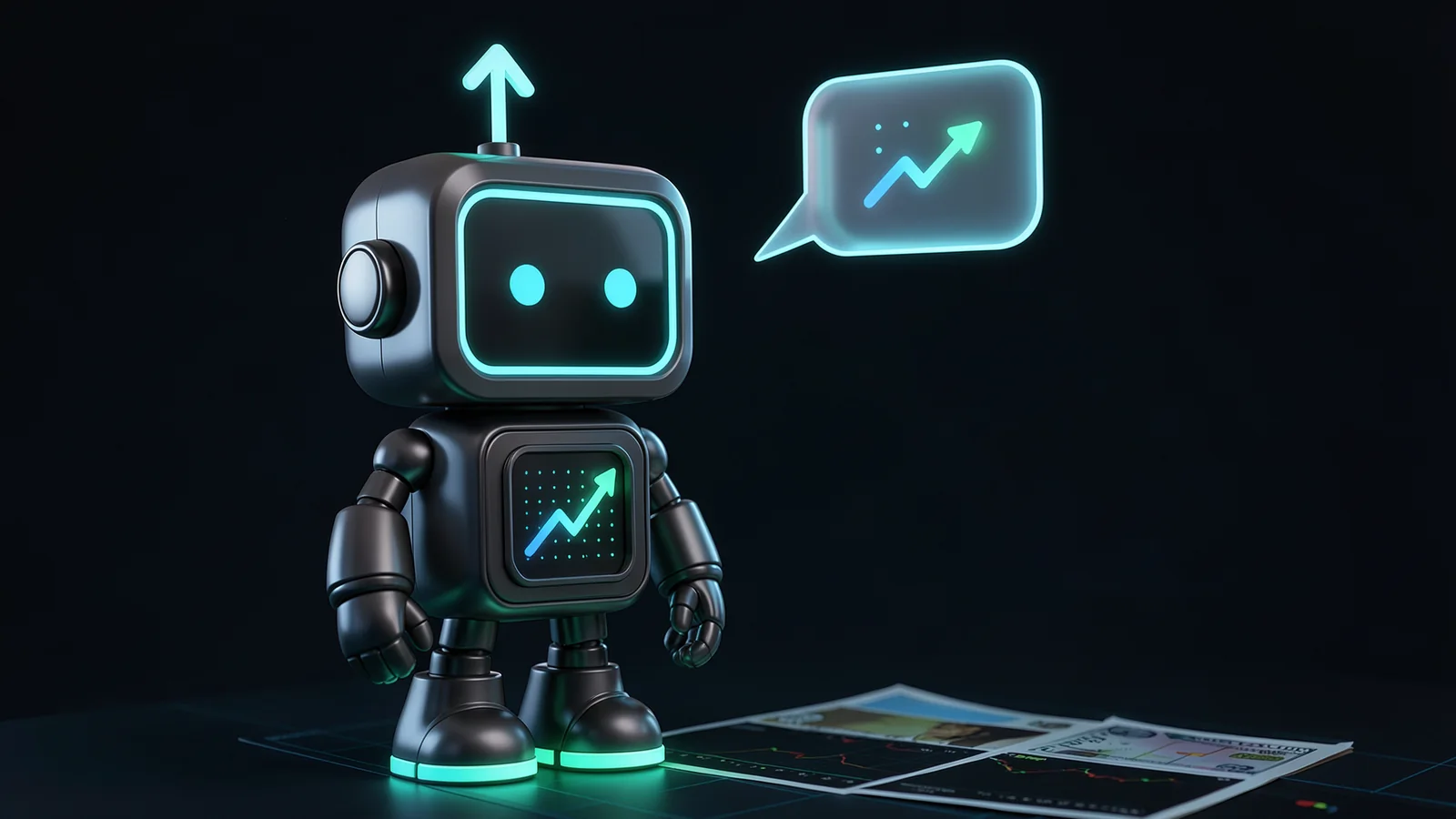 Pip, the FXMacroData robot mascot, chats with a friendly glowing speech-bubble assistant floating above a desk covered in currency charts.