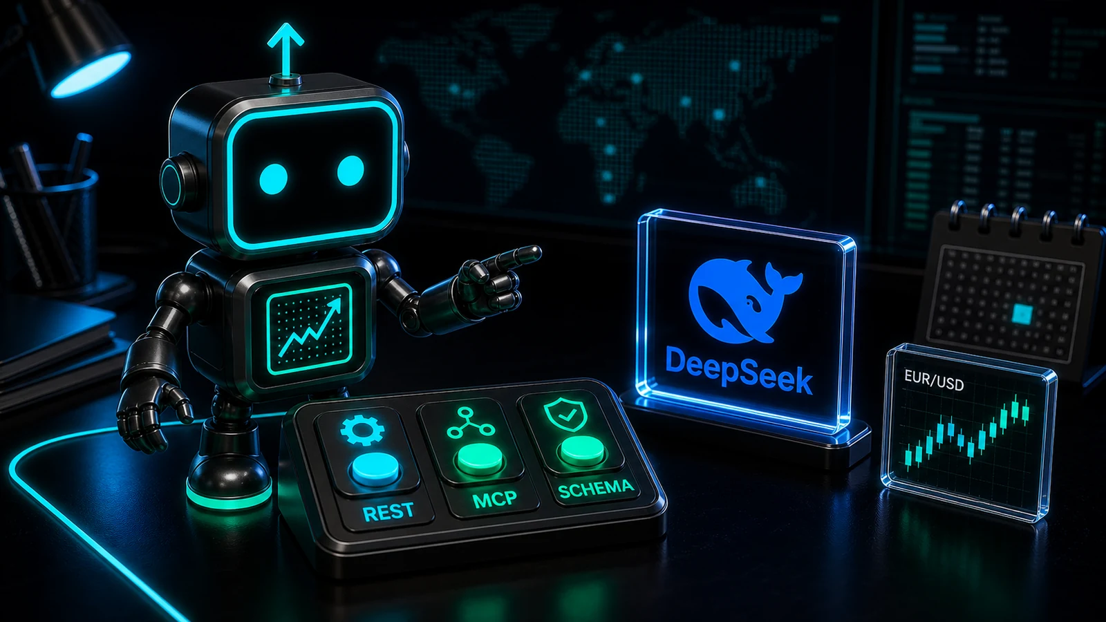 Cinematic Pip robot with the FXMacroData logo mark on its chest inspecting REST, MCP, and SCHEMA controls beside an integrated DeepSeek whale wordmark card