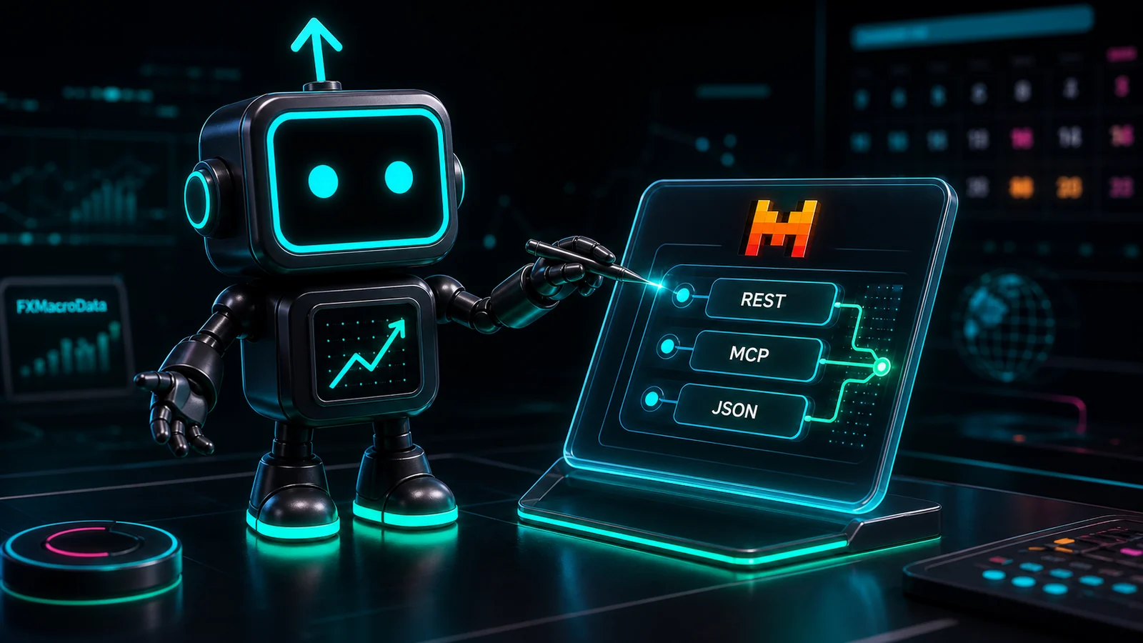 Pip robot with the FXMacroData logo mark on its chest configuring a Mistral connector card with REST, MCP, and JSON controls