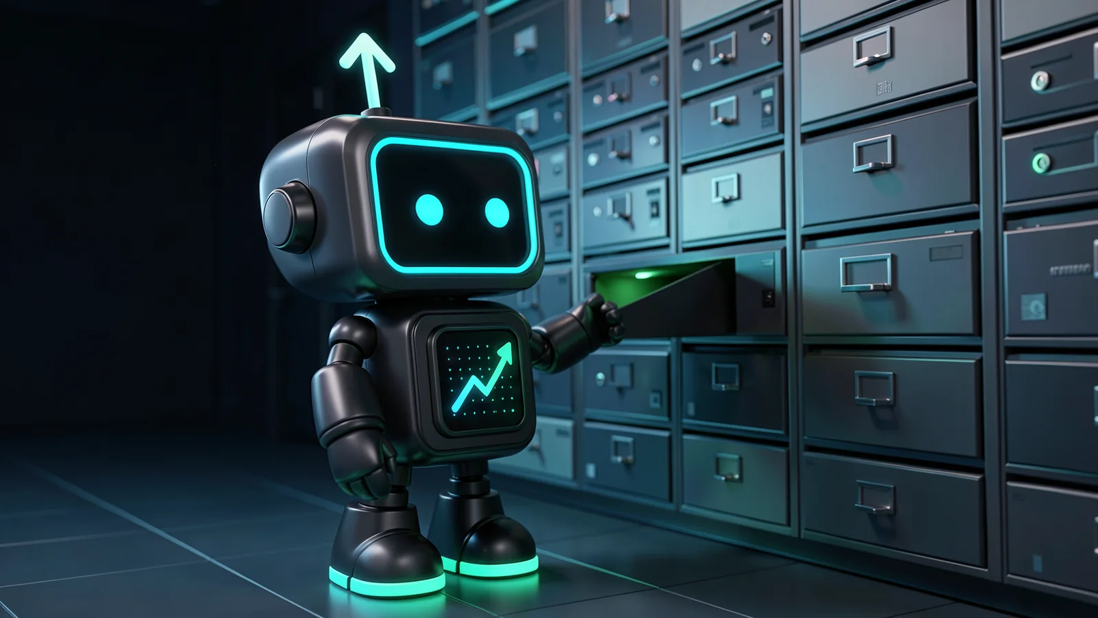 Pip, the FXMacroData robot mascot, stands before a large wall of neatly labelled glowing drawers, pulling one open, in a calm archive hall.
