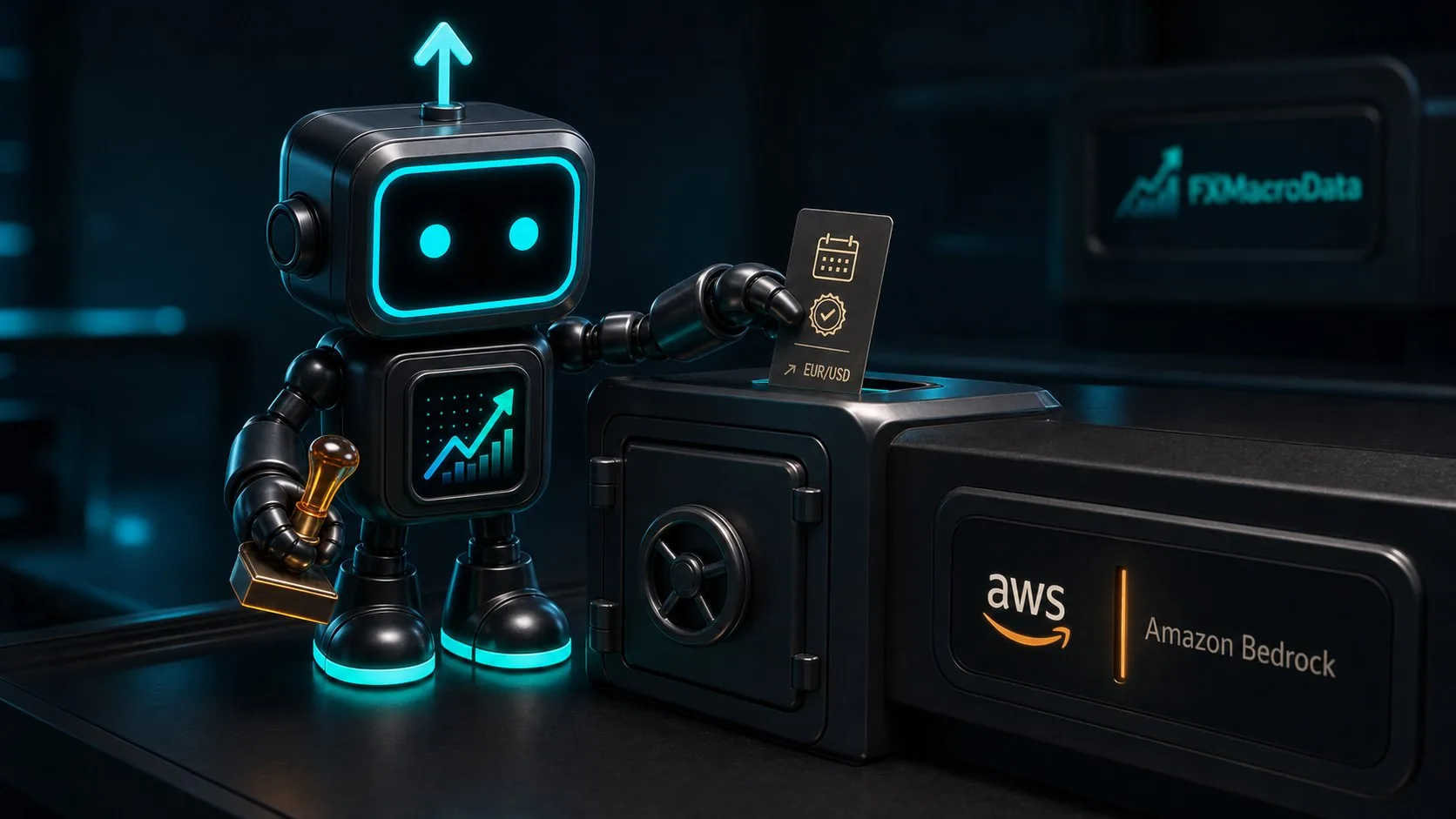 Pip robot with the FXMacroData logo mark secures a macro evidence card beside an AWS Amazon Bedrock research vault