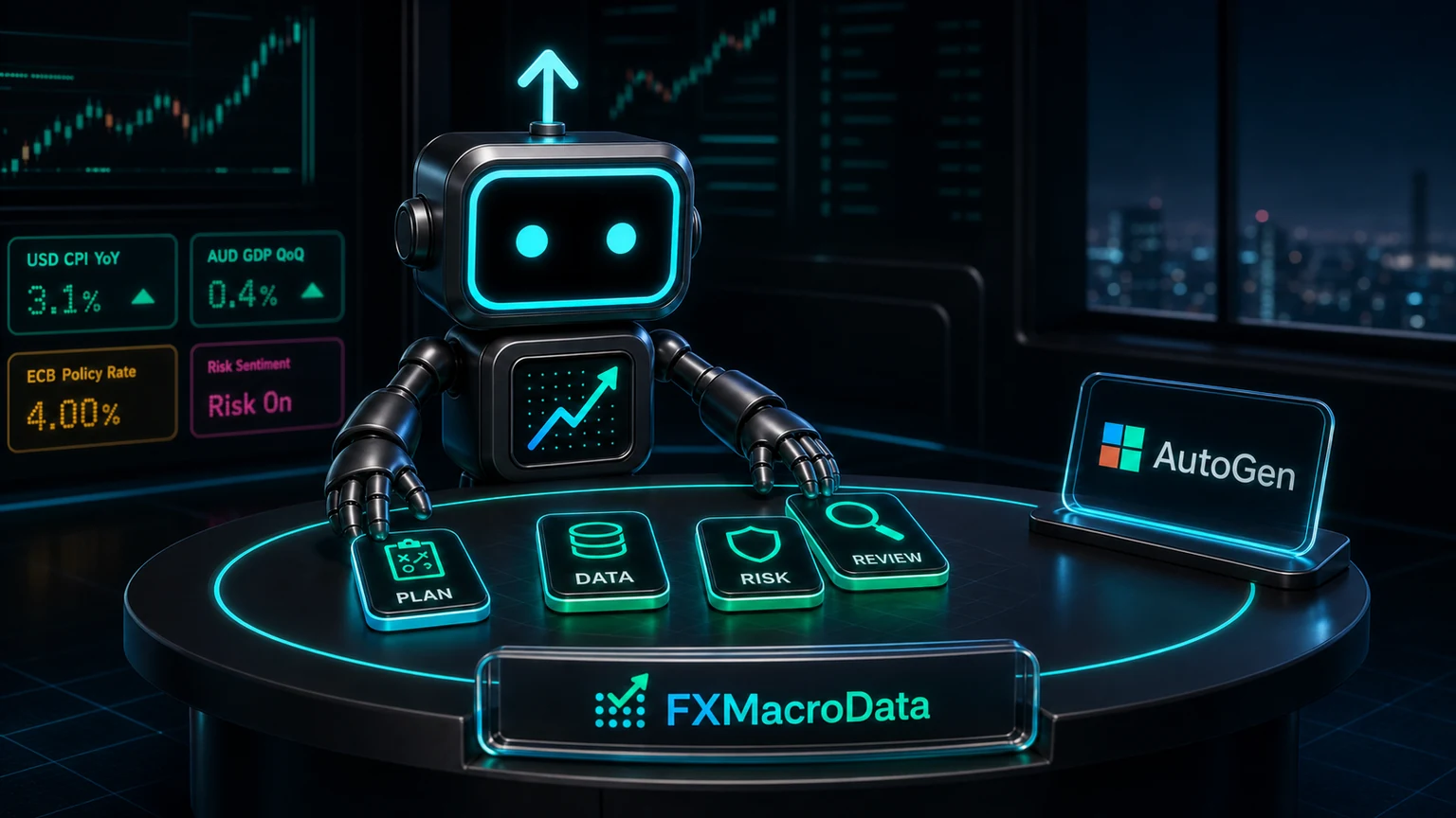 Pip robot with the FXMacroData logo mark moderating PLAN, DATA, RISK, and REVIEW agent cards beside an AutoGen badge