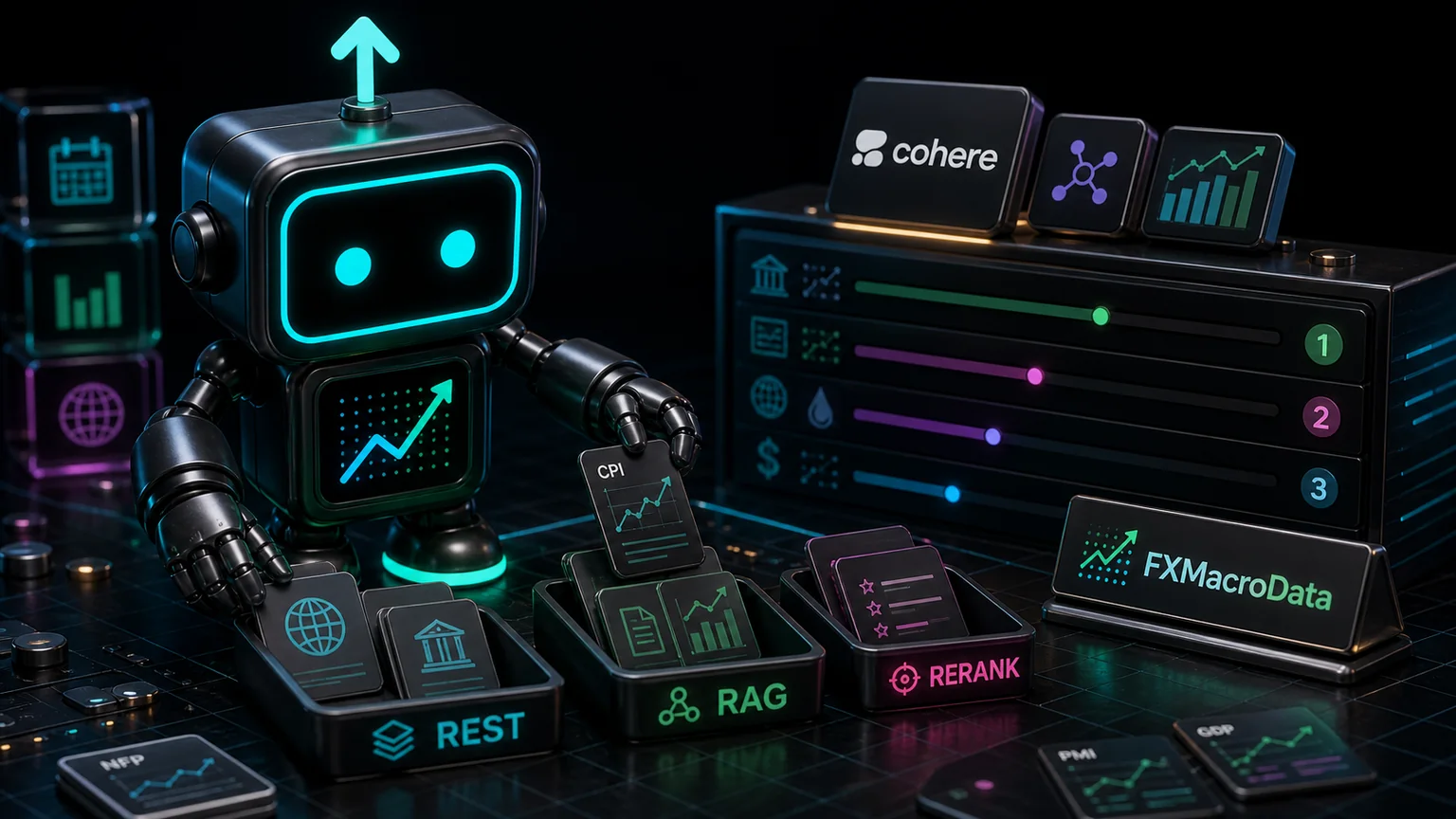 Pip robot with the FXMacroData logo mark sorting macro evidence cards beside Cohere, REST, RAG, and Rerank workflow trays