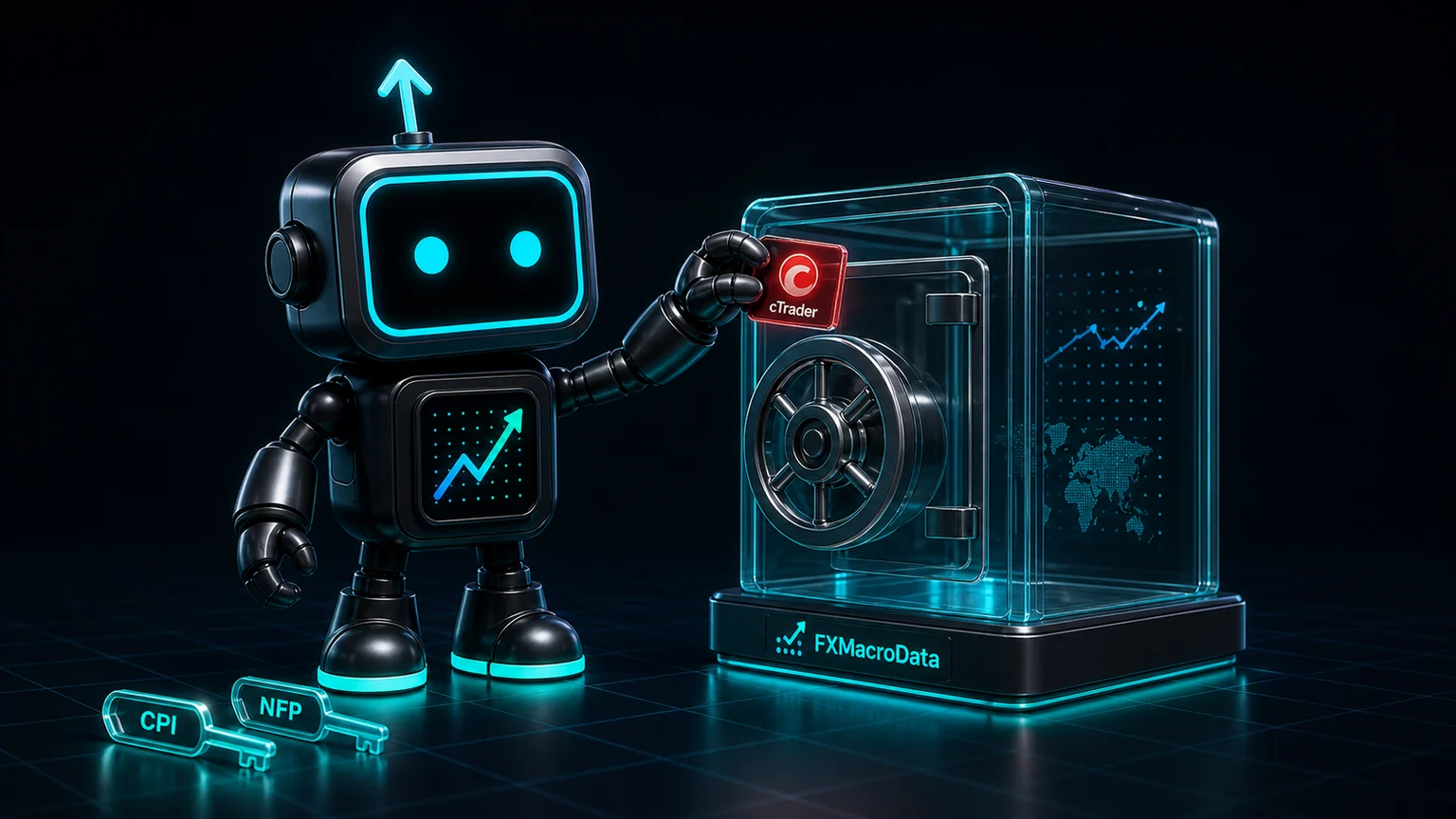Pip robot with FXMacroData logo mark placing a cTrader order token into a transparent macro-risk vault beside CPI and NFP keys
