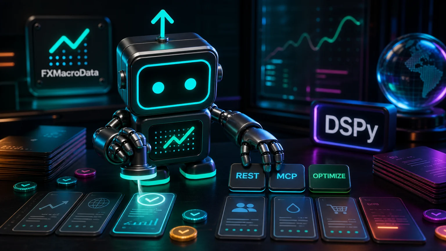 Pip robot with the FXMacroData logo mark testing DSPy macro evidence cards with REST, MCP, and OPTIMIZE tiles
