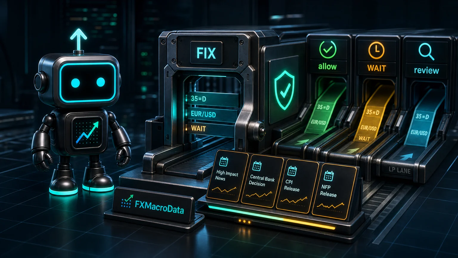 Pip robot with FXMacroData logo mark beside a FIX message gateway sorting EUR USD order strips into allow wait and review lanes