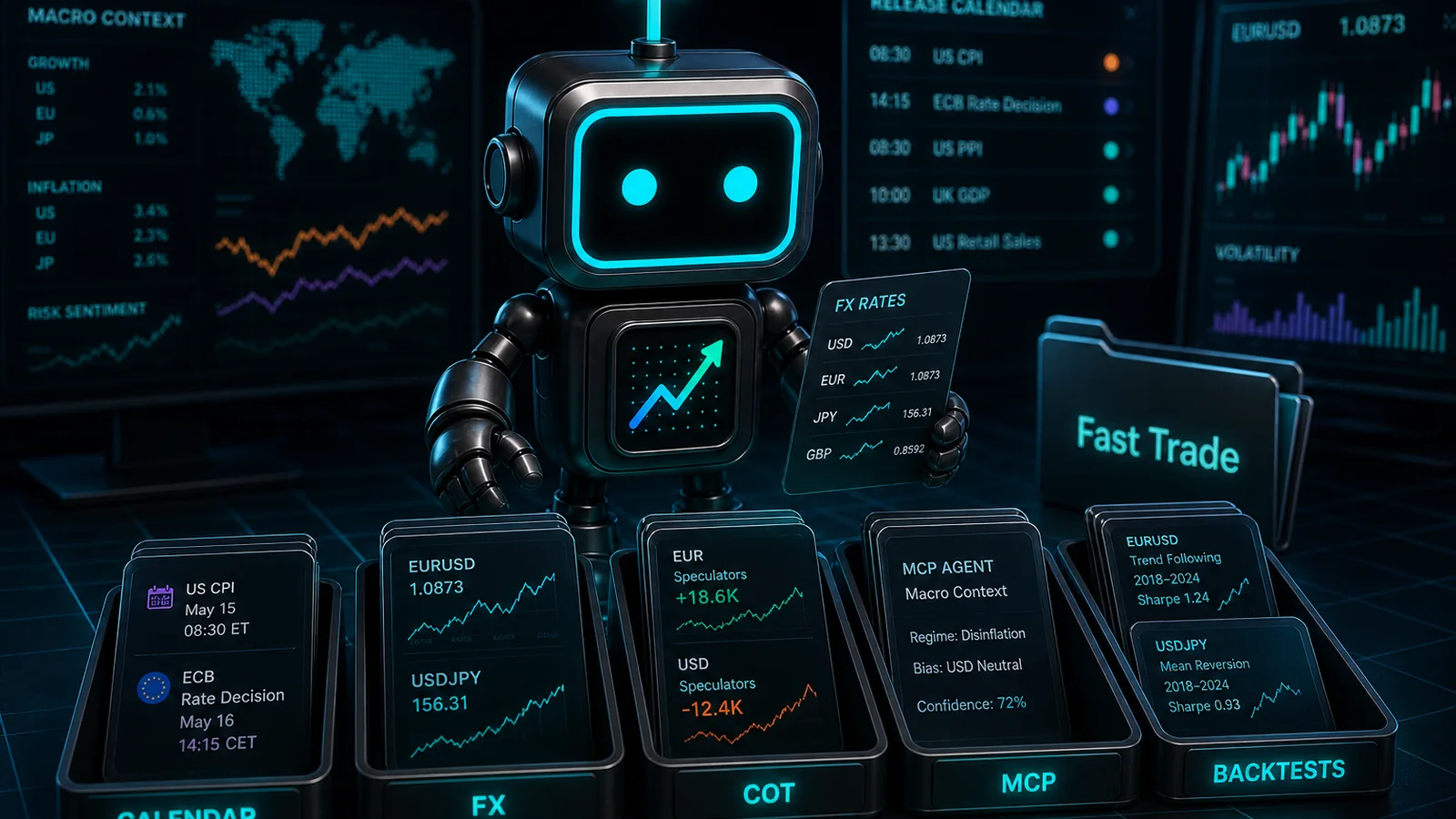 Pip, the FXMacroData robot mascot, sorting macro context cards for Fast Trade backtests and MCP tools